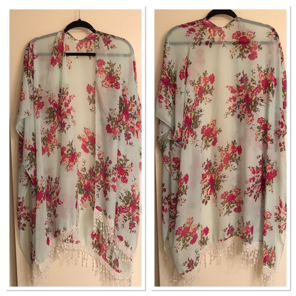 Xhilaration Tops - BOGO Mint Floral Kimono w White Embroidered Fringe